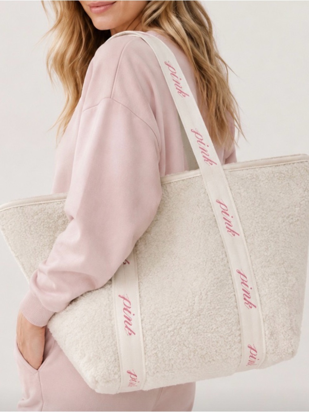 NWT PINK Victoria's Secret Cream Sherpa Tote with Pink Logo Straps